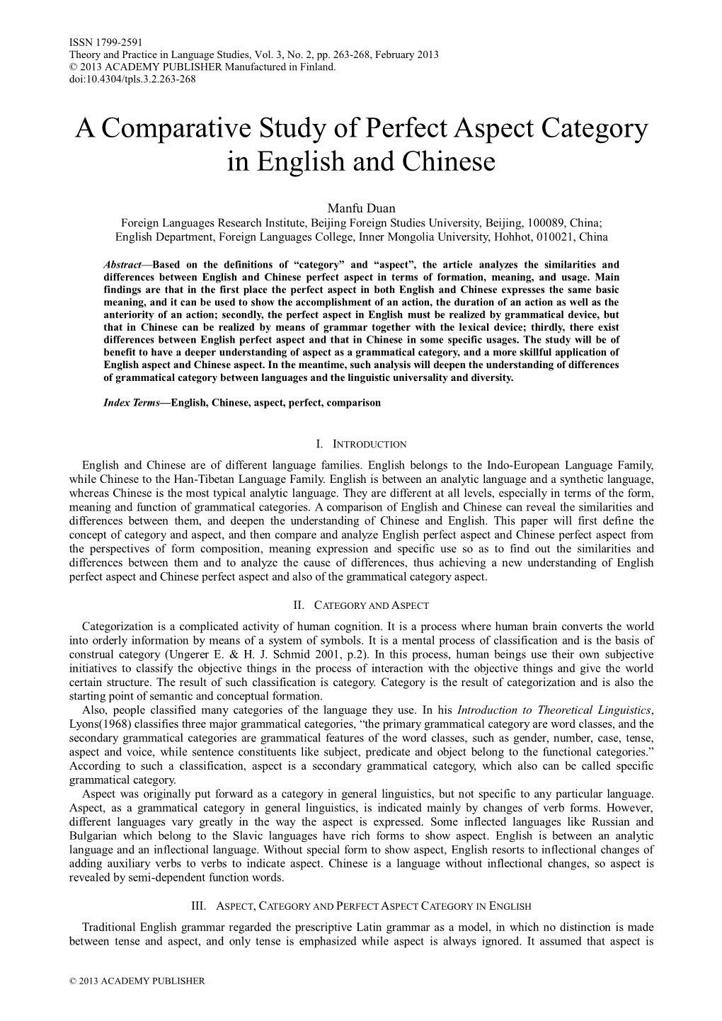 A Comparative Study of Perfect Aspect Category in English and Chinese