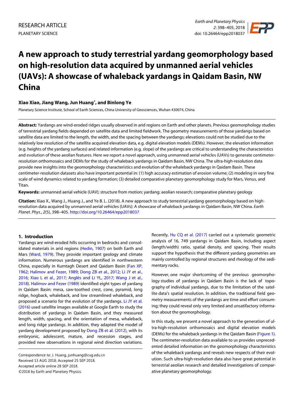 A New Approach to Study Terrestrial Yardang Geomorphology Based on High-Resolution Data Acquired by Unmanned Aerial Vehicles