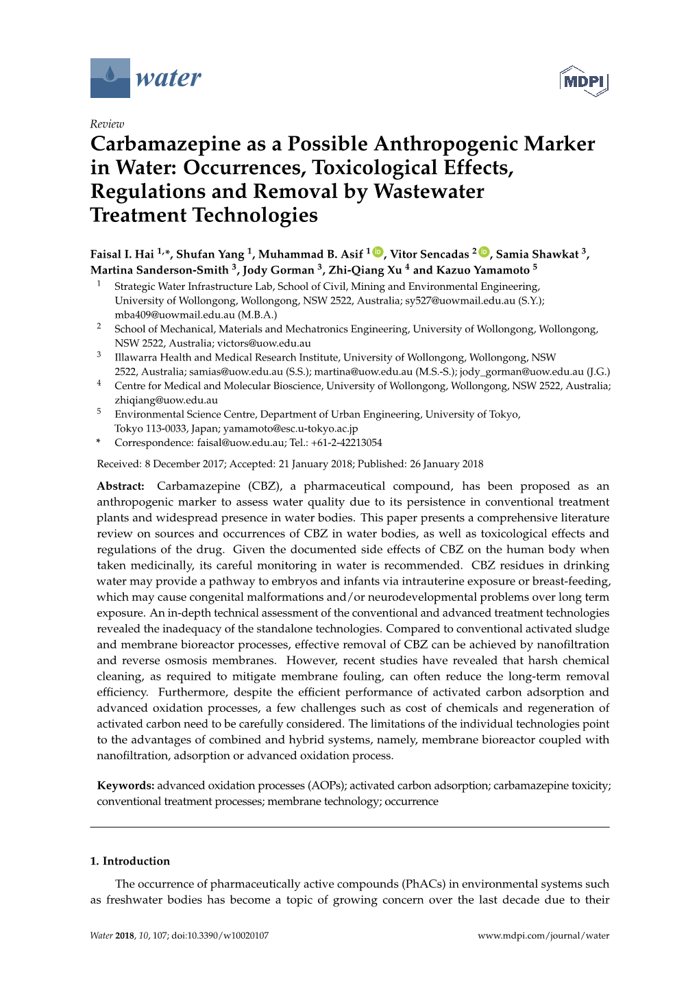 Carbamazepine As a Possible Anthropogenic Marker in Water: Occurrences, Toxicological Effects, Regulations and Removal by Wastewater Treatment Technologies