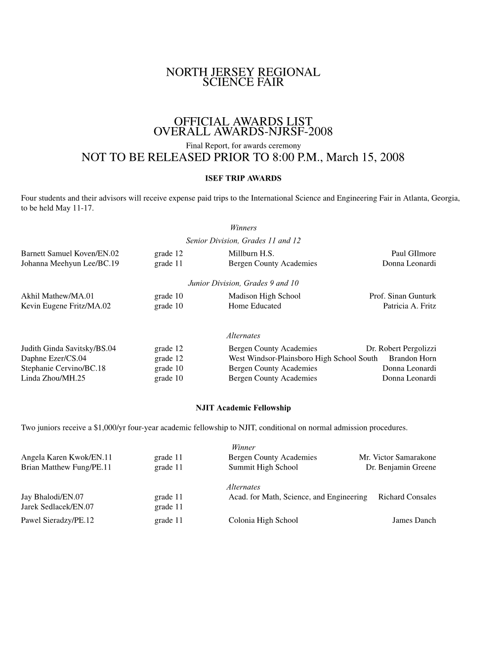 North Jersey Regional Science Fair Official