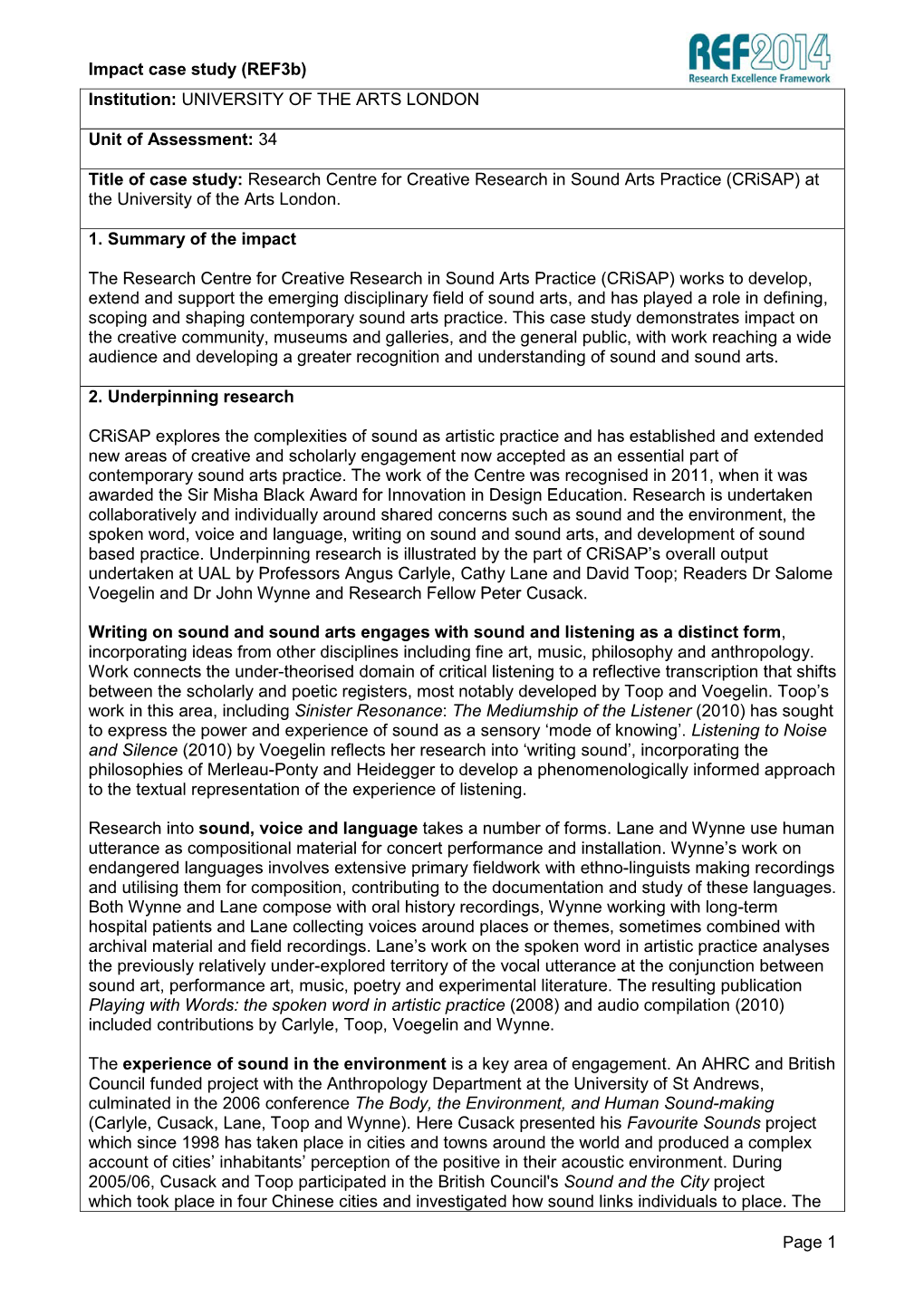 Impact Case Study (Ref3b) Page 1 Institution: UNIVERSITY of THE