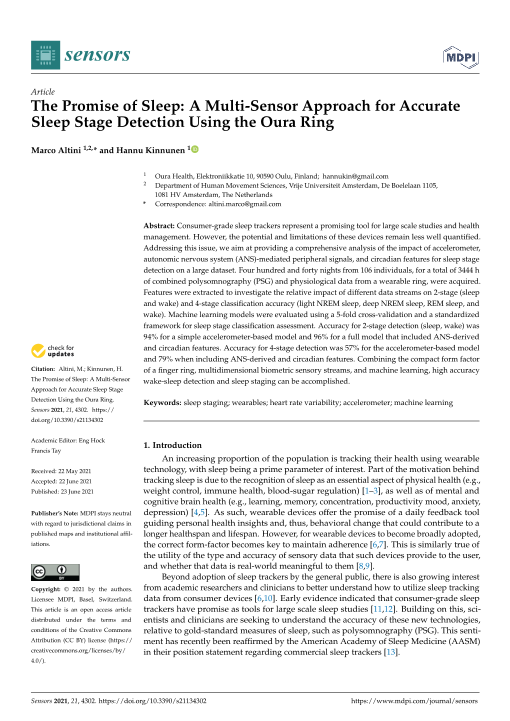 A Multi-Sensor Approach for Accurate Sleep Stage Detection Using the Oura Ring