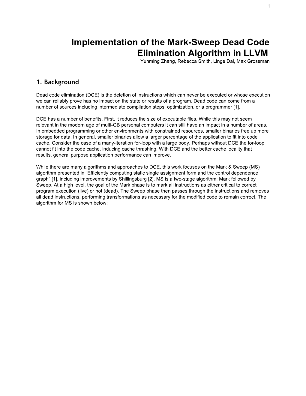Implementation of the Marksweep Dead Code Elimination Algorithm in LLVM