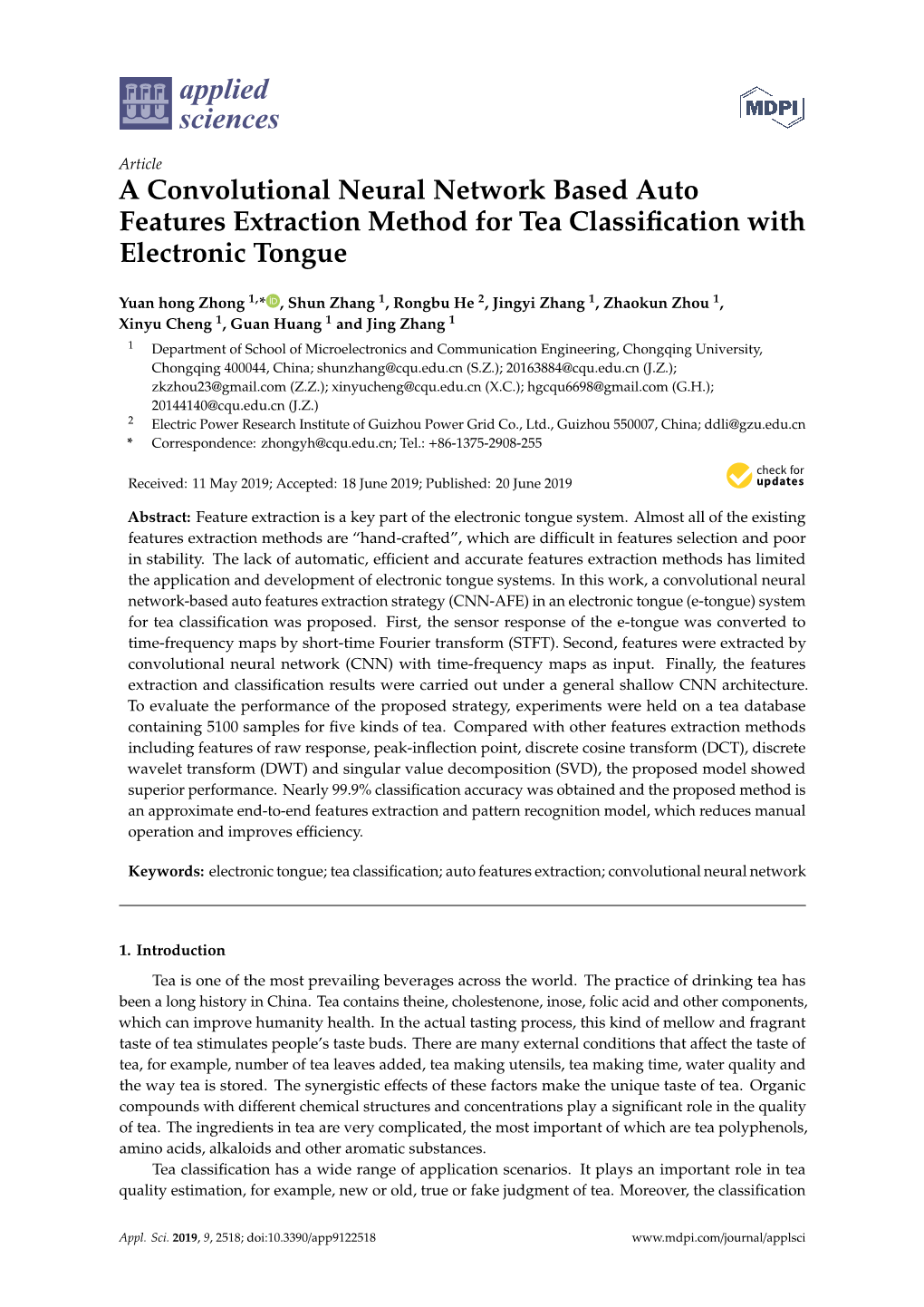 A Convolutional Neural Network Based Auto Features Extraction Method for Tea Classification with Electronic Tongue