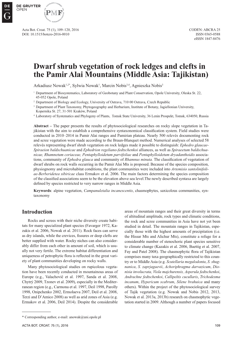 Dwarf Shrub Vegetation of Rock Ledges and Clefts in the Pamir Alai Mountains (Middle Asia: Tajikistan)