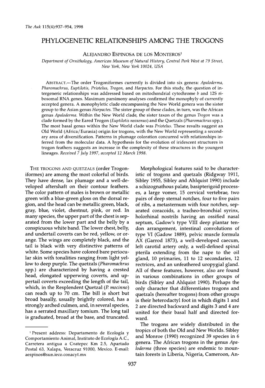 Phylogenetic Relationships Among the Trogons