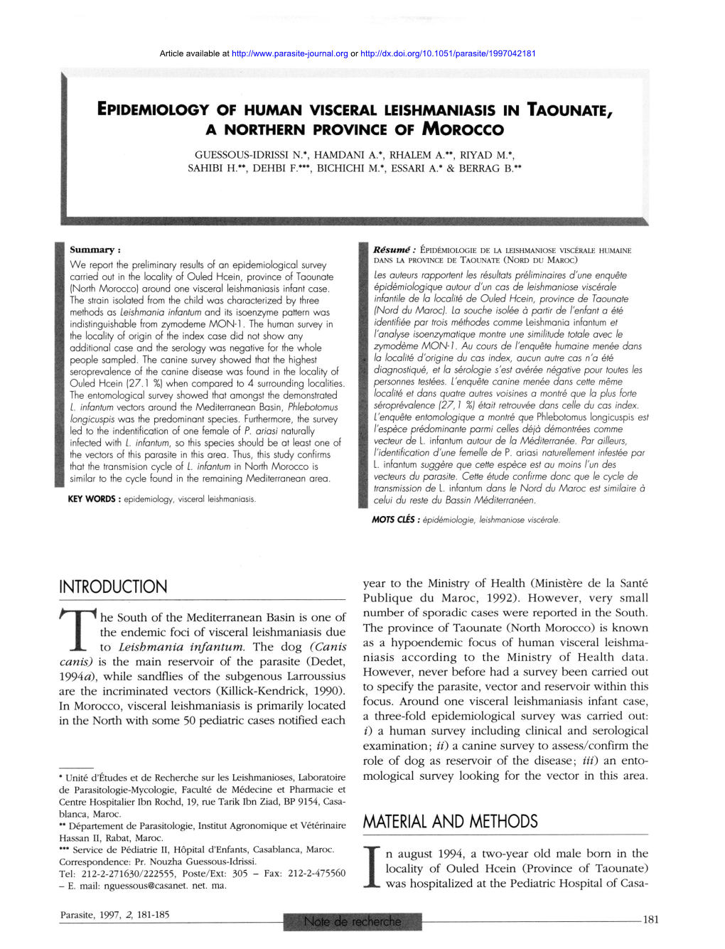 Epidemiology of Human Visceral Leishmaniasis in Taounate, a Northern Province of Morocco