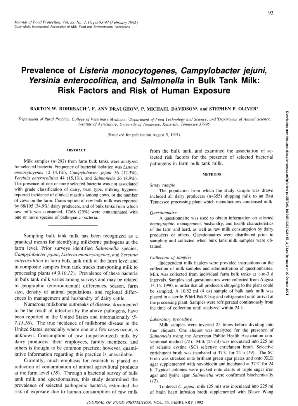 Prevalence of Listeria Monocytogenes, Campylobacter Jejuni, Yersinia Enterocoiitica, and Salmonella in Bulk Tank Milk: Risk Factors and Risk of Human Exposure