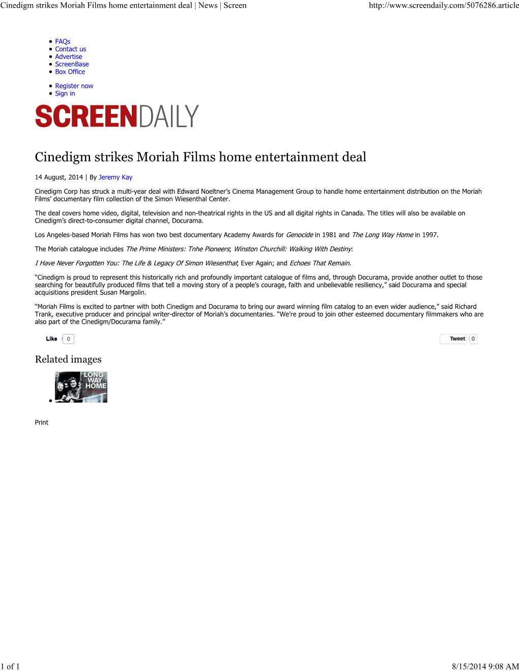 Cinedigm Strikes Moriah Films Home Entertainment Deal | News | Screen