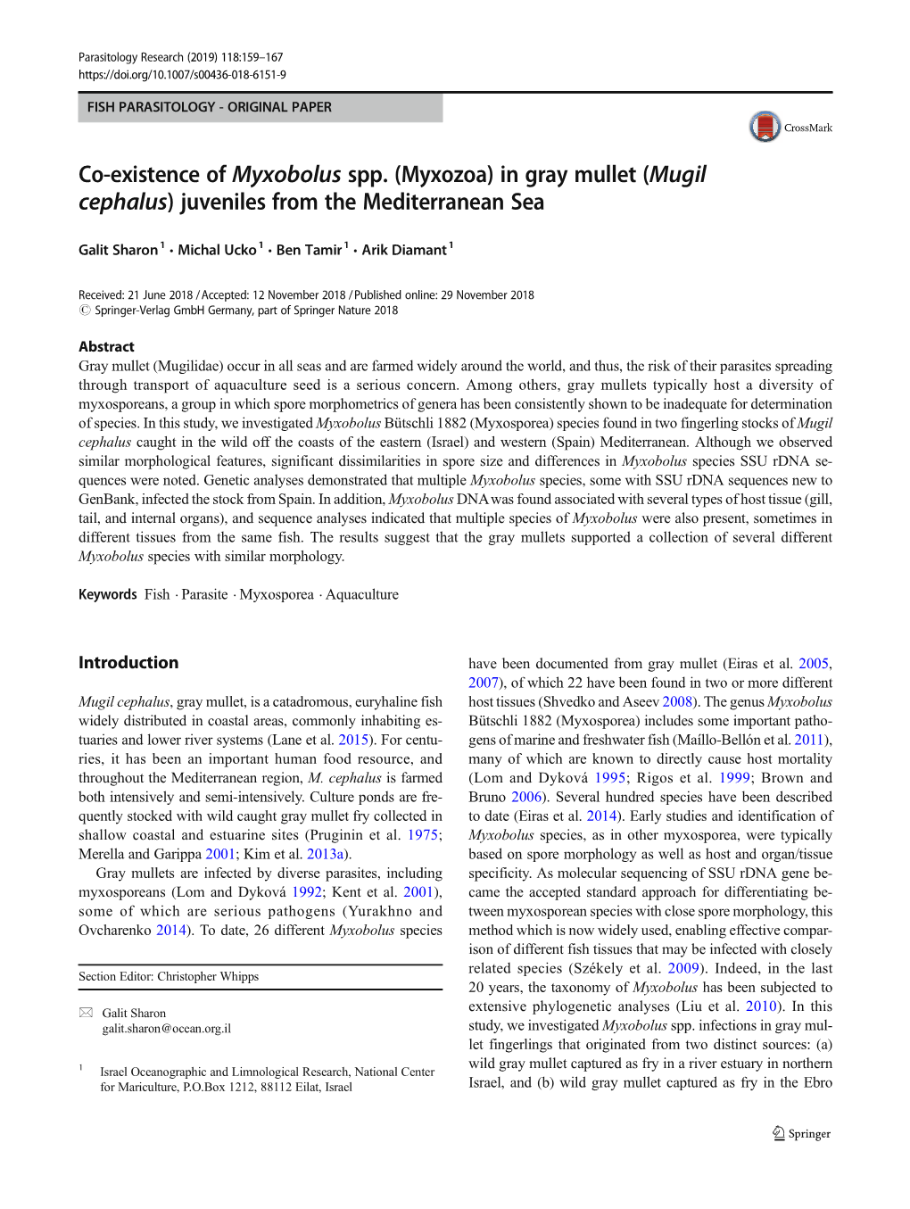 Co-Existence of Myxobolus Spp. (Myxozoa) in Gray Mullet (Mugil Cephalus) Juveniles from the Mediterranean Sea