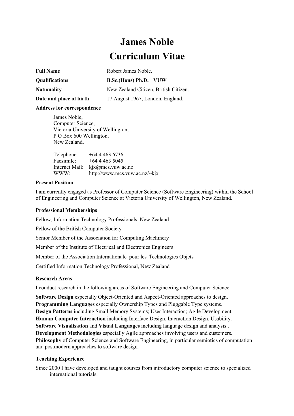 James Noble Curriculum Vitae