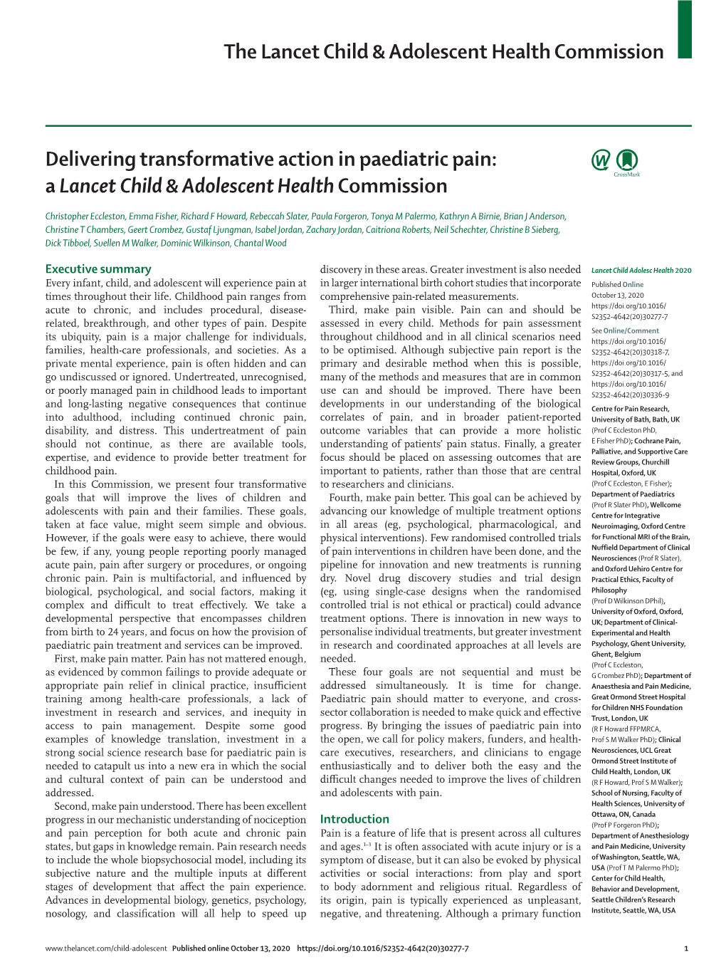 Delivering Transformative Action in Paediatric Pain: a Lancet Child & Adolescent Health Commission