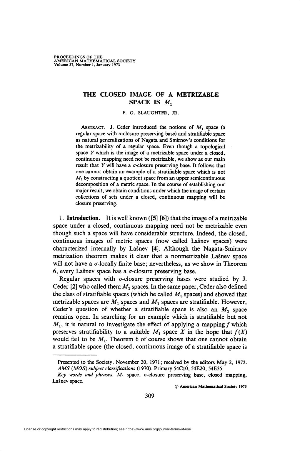 THE CLOSED IMAGE of a METRIZABLE SPACE IS Mx F