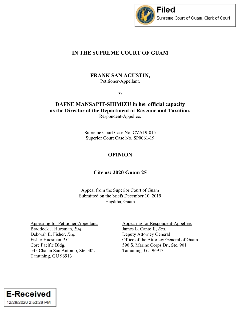 2020 Guam 25, CVA19-015, Frank San Agustin Vs. Dafne Mansapit