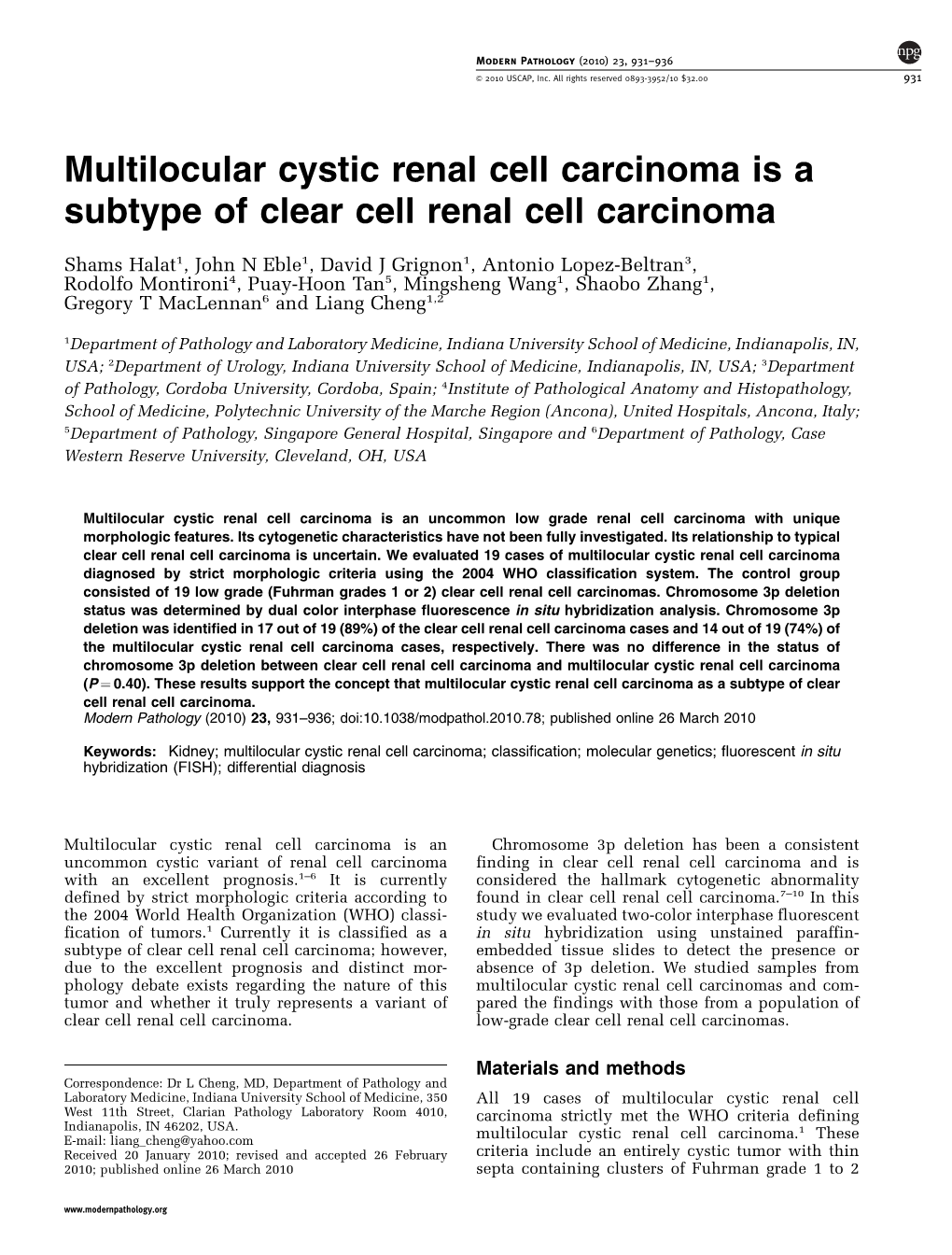 Multilocular Cystic Renal Cell Carcinoma Is a Subtype of Clear Cell Renal Cell Carcinoma