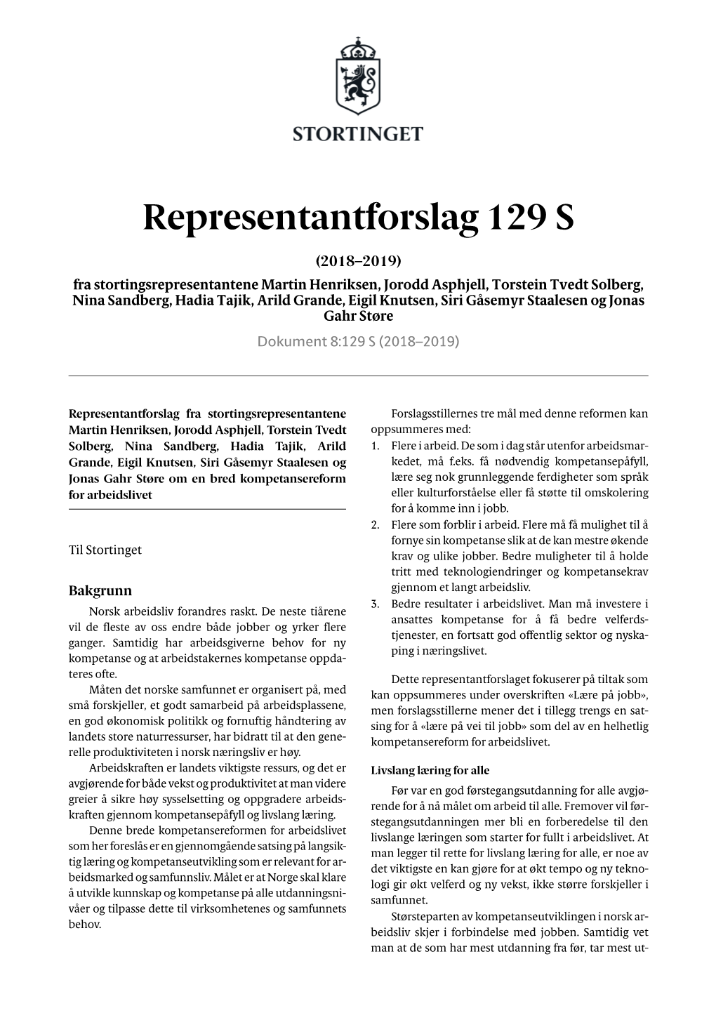 Representantforslag 129 S