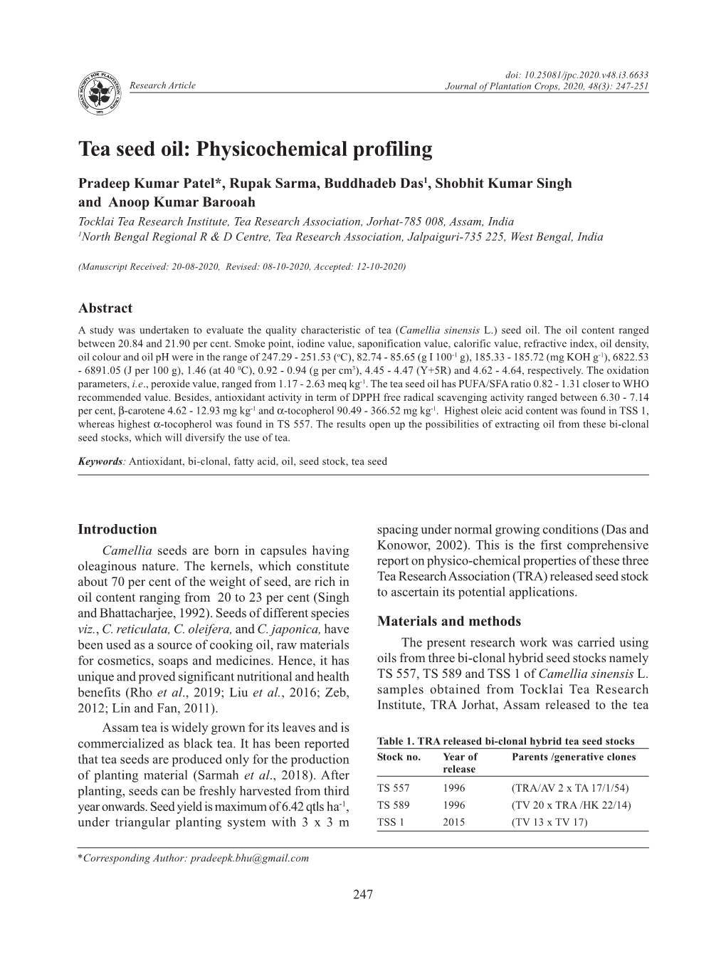 Tea Seed Oil: Physicochemical Profiling