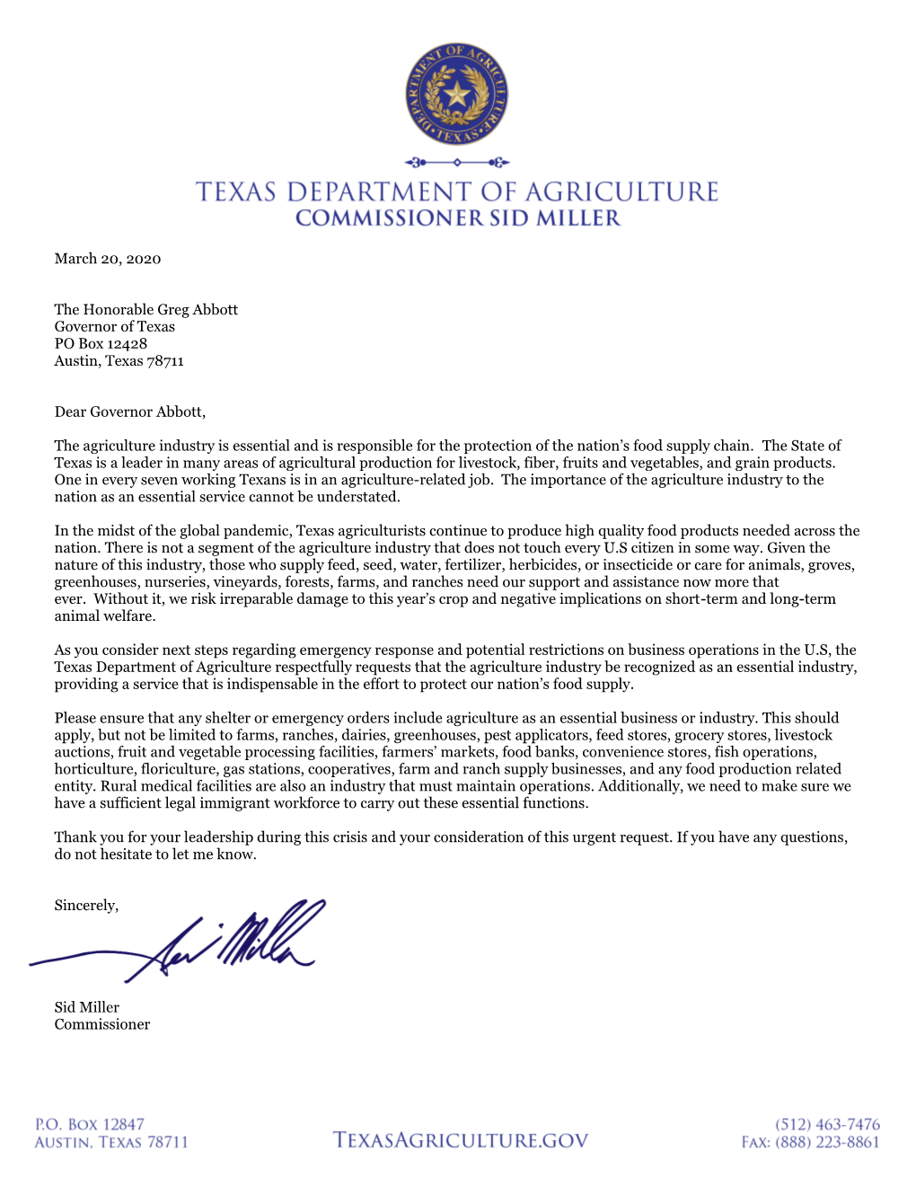 Letter from Agriculture Commissioner Sid Miller to Governor Abbott