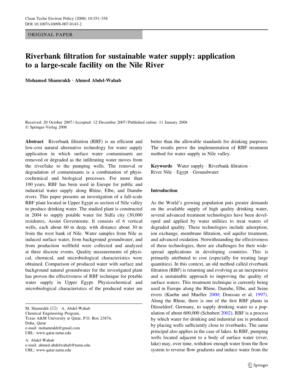 Riverbank Filtration for Sustainable Water Supply: Application to a Large