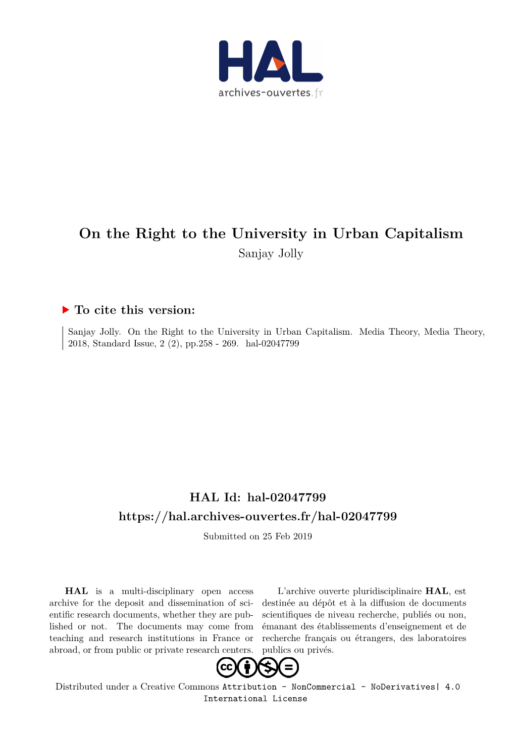 “On the Right to the University in Urban Capitalism.” Media Theory