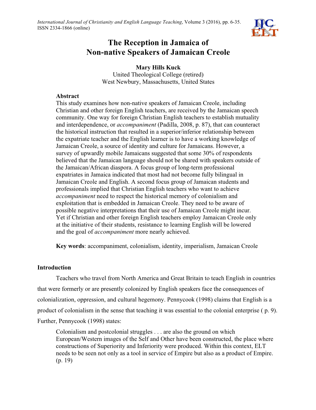 The Reception in Jamaica of Non-Native Speakers of Jamaican Creole