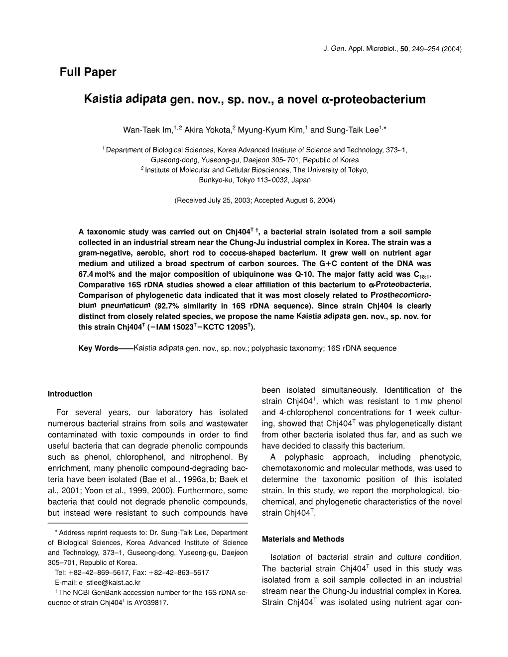J. Gen. Appl. Microbiol., 50, 249–254 (2004)