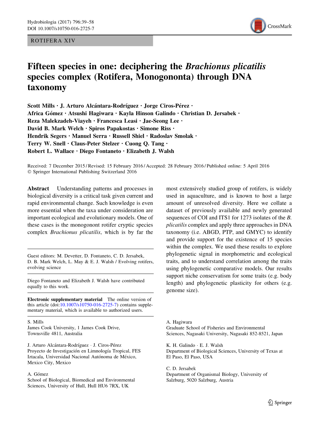 Deciphering the Brachionus Plicatilis Species Complex (Rotifera, Monogononta) Through DNA Taxonomy