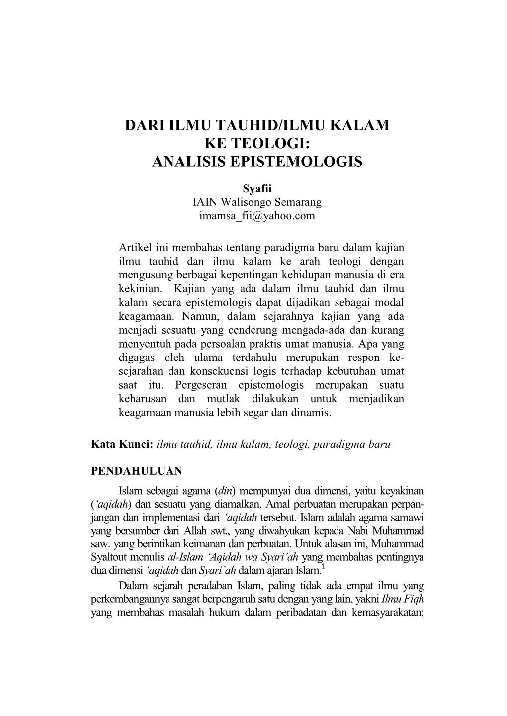 Dari Ilmu Tauhid/Ilmu Kalam Ke Teologi: Analisis Epistemologis