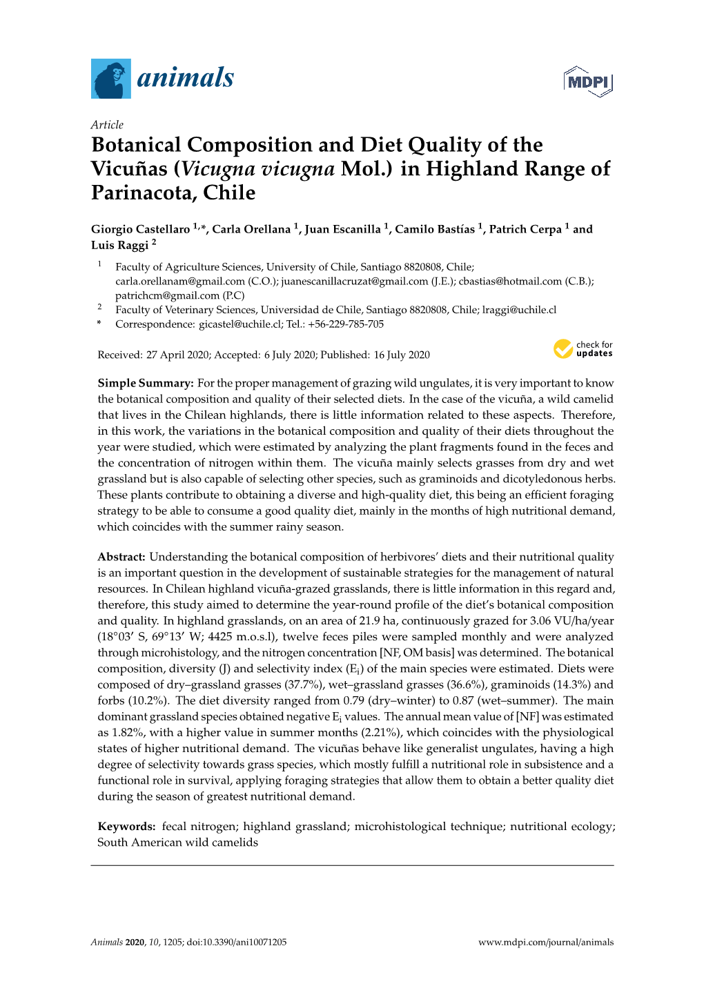 Botanical Composition and Diet Quality of the Vicuñas (Vicugna Vicugna Mol.) in Highland Range of Parinacota, Chile