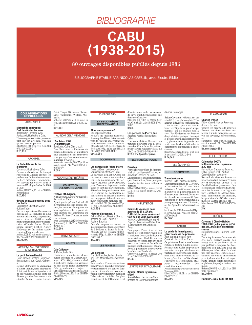 BIBLIOGRAPHIE CABU (1938-2015) 80 Ouvrages Disponibles Publiés Depuis 1986