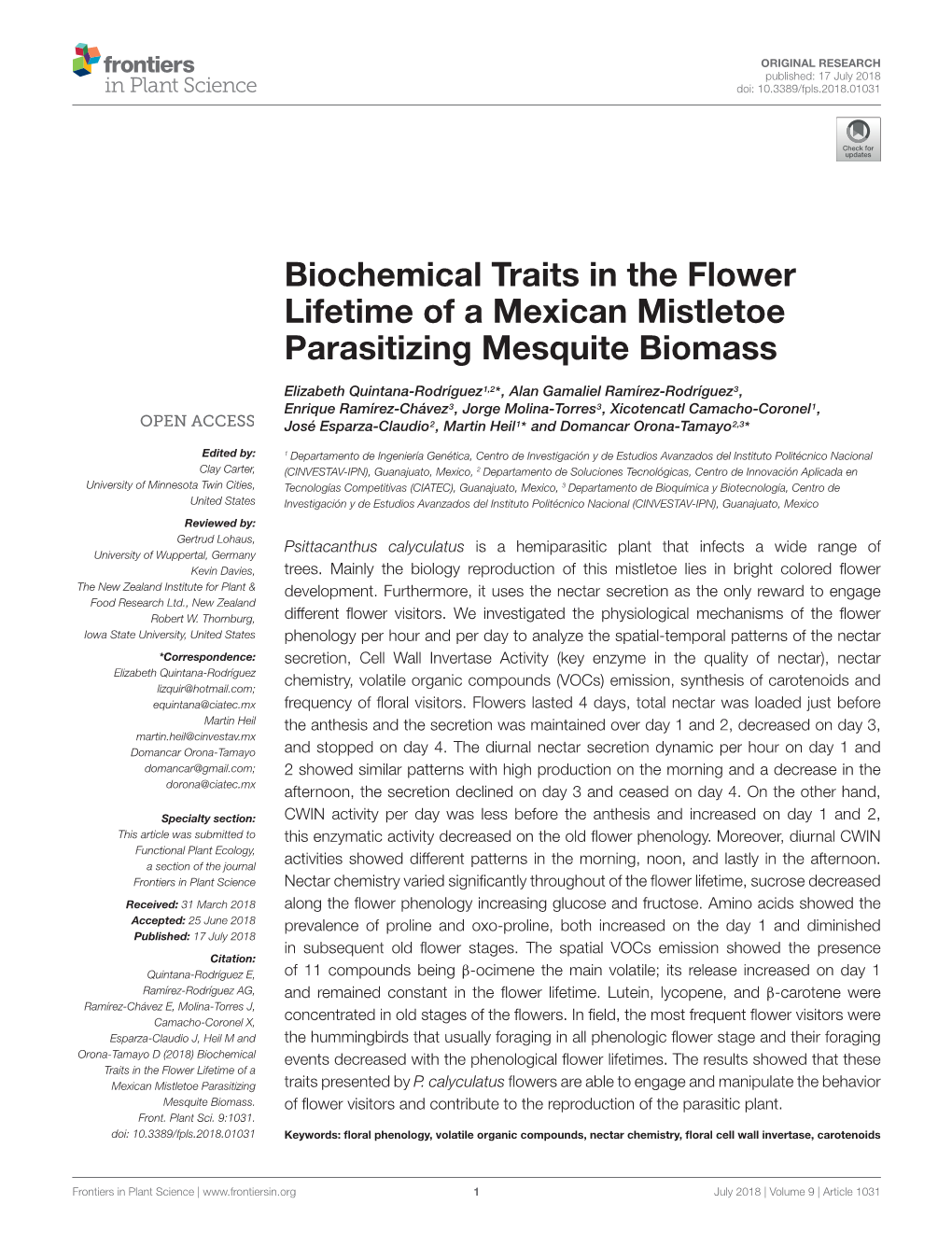 Biochemical Traits in the Flower Lifetime of a Mexican Mistletoe Parasitizing Mesquite Biomass