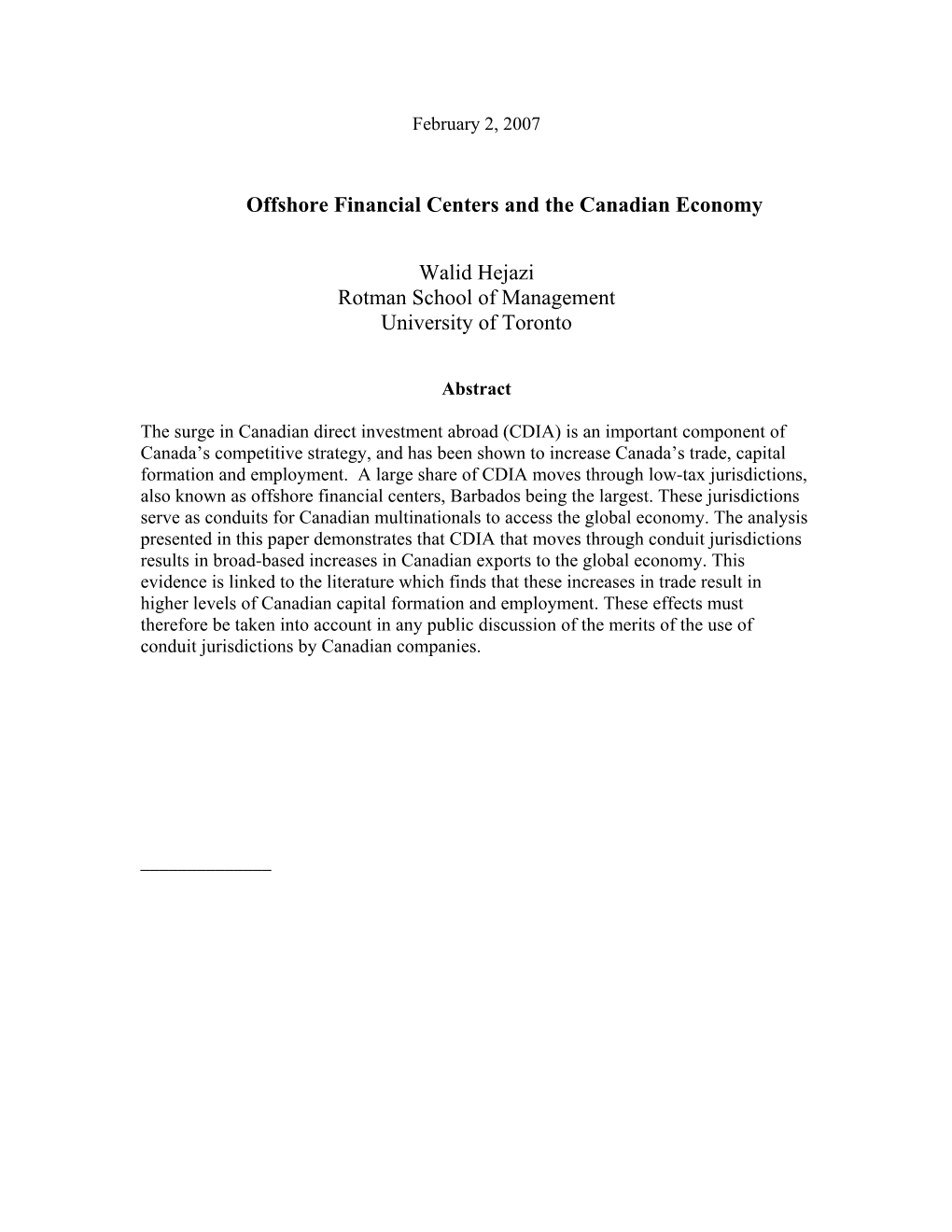 Offshore Financial Centers and the Canadian Economy