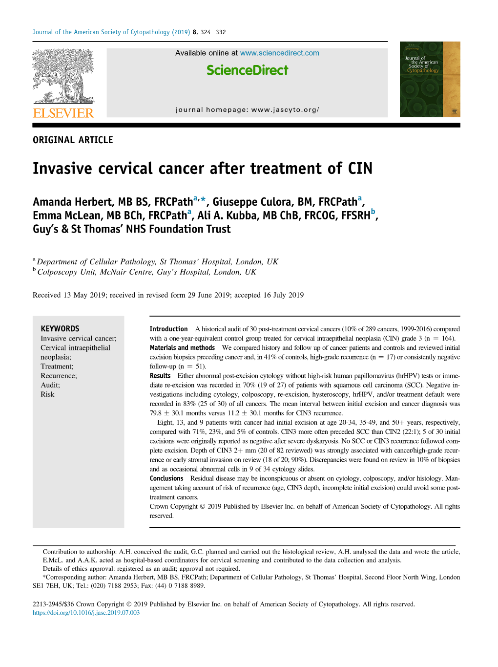 Invasive Cervical Cancer After Treatment of CIN