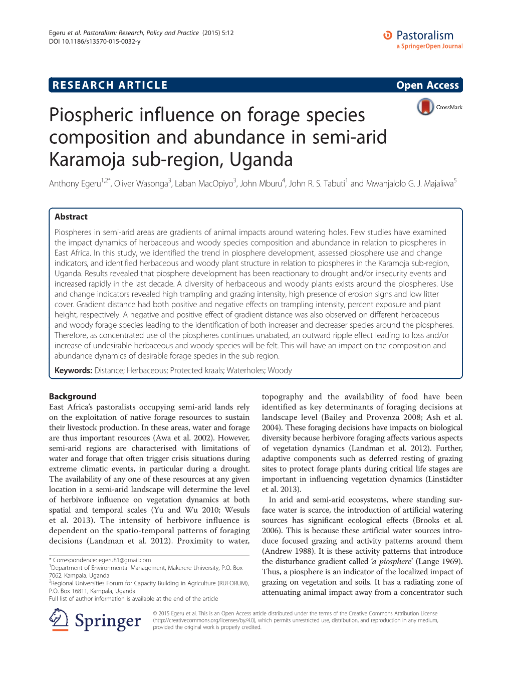 Piospheric Influence on Forage Species Composition And