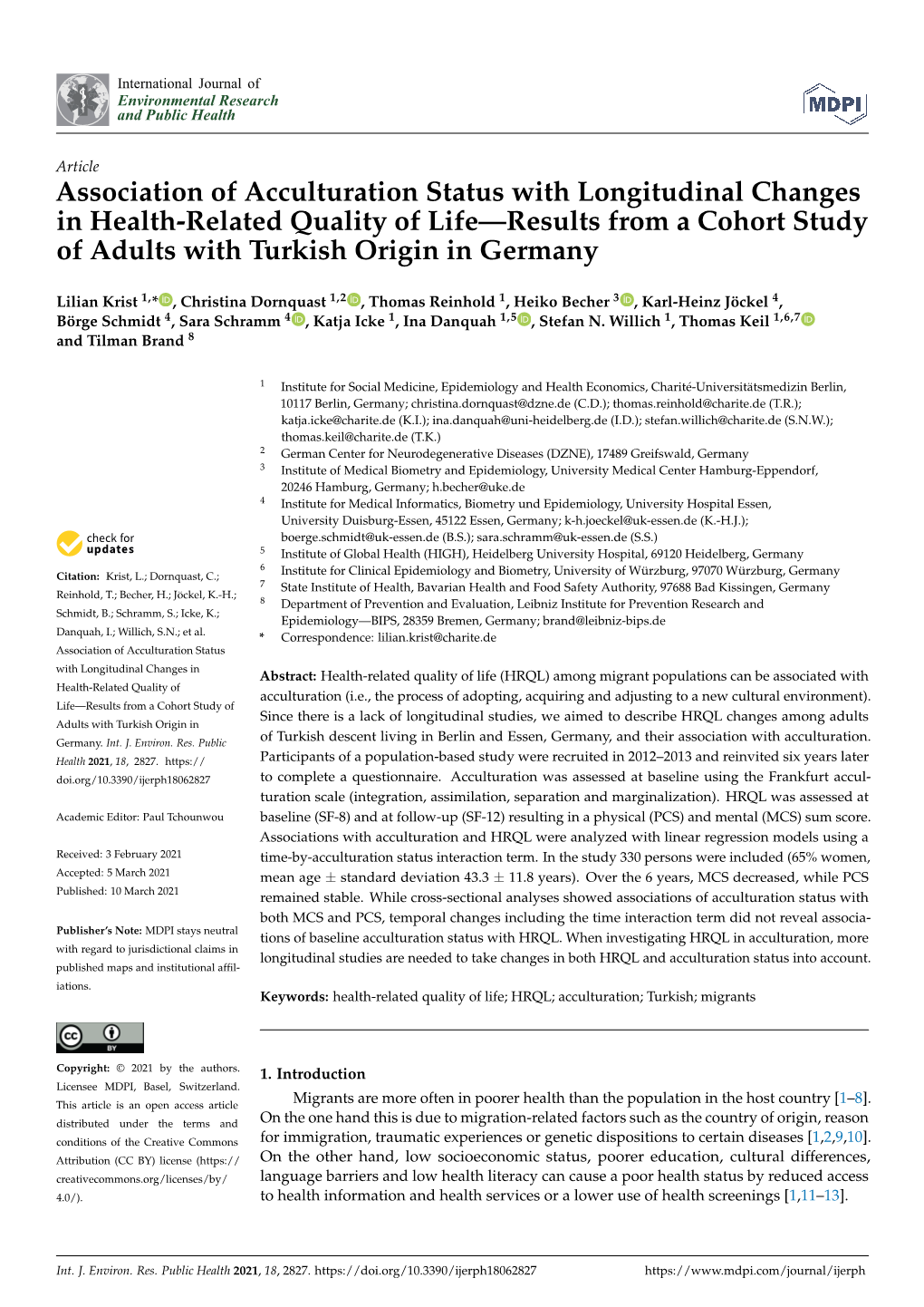 Association of Acculturation Status with Longitudinal Changes in Health-Related Quality of Life—Results from a Cohort Study of Adults with Turkish Origin in Germany
