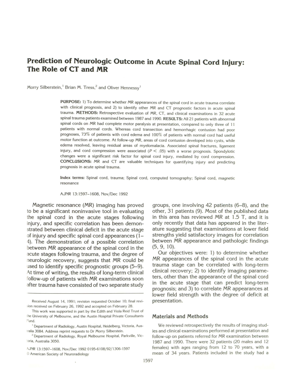 Prediction of Neurologic Outcome in Acute Spinal Cord Injury: the Role of CT and MR