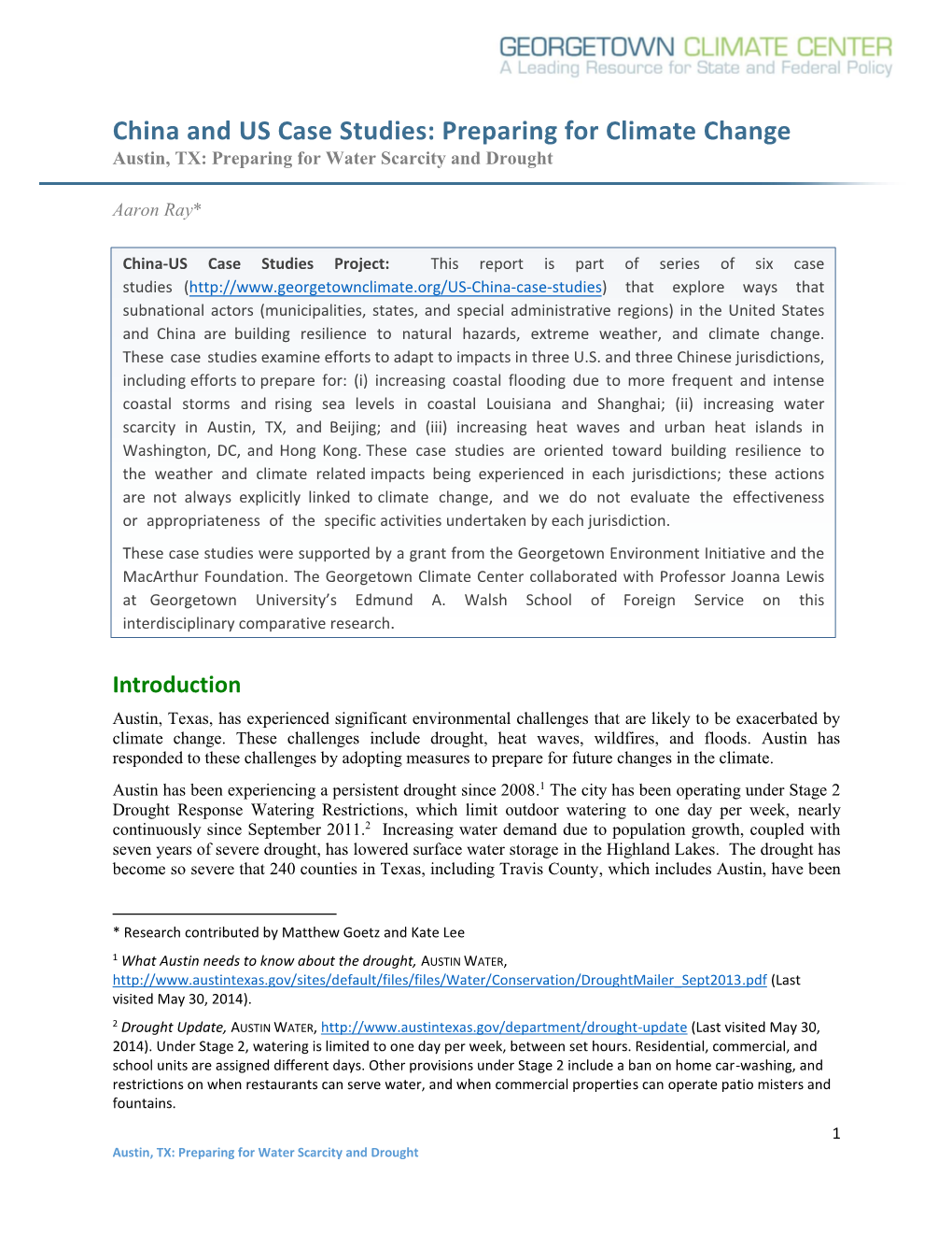 Preparing for Climate Change Austin, TX: Preparing for Water Scarcity and Drought