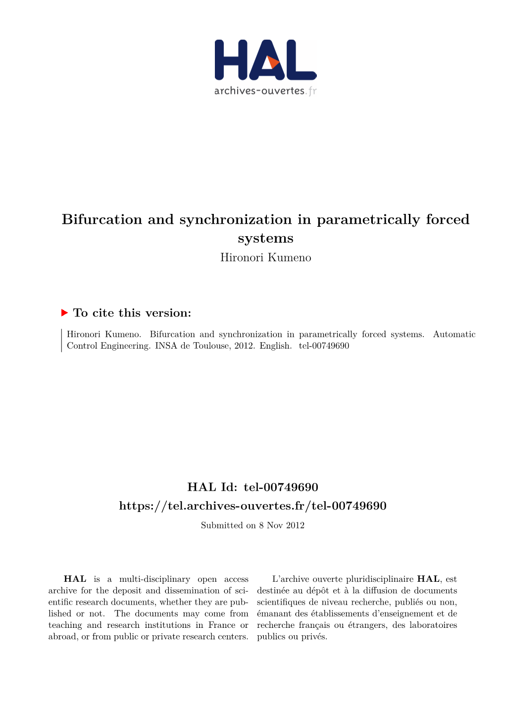 Bifurcation and Synchronization in Parametrically Forced Systems Hironori Kumeno