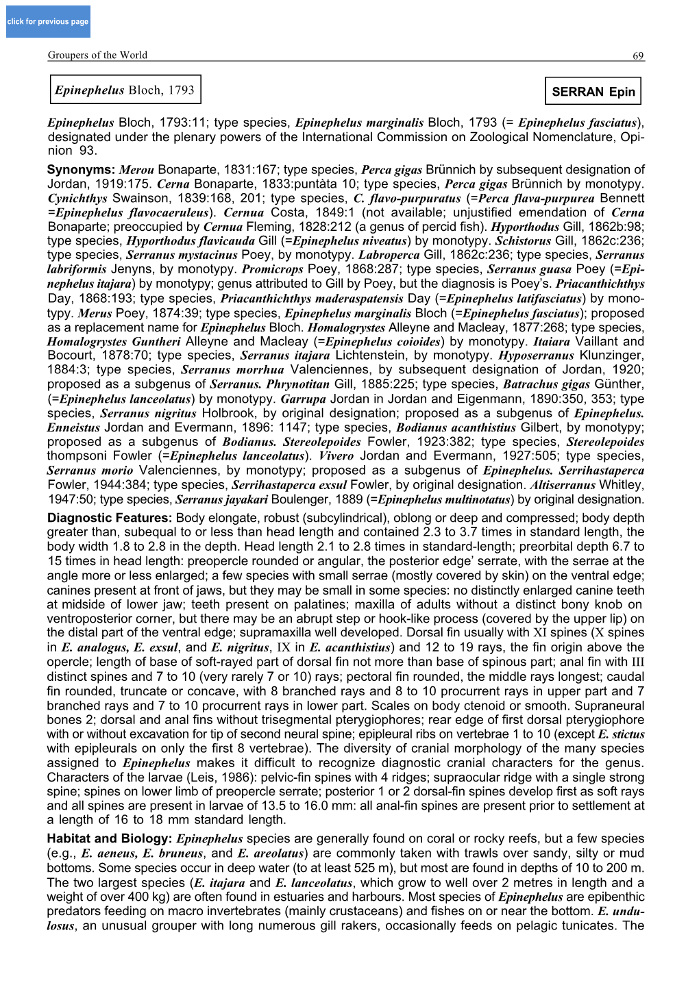 Epinephelus Fasciatus), Designated Under the Plenary Powers of the International Commission on Zoological Nomenclature, Opi- Nion 93