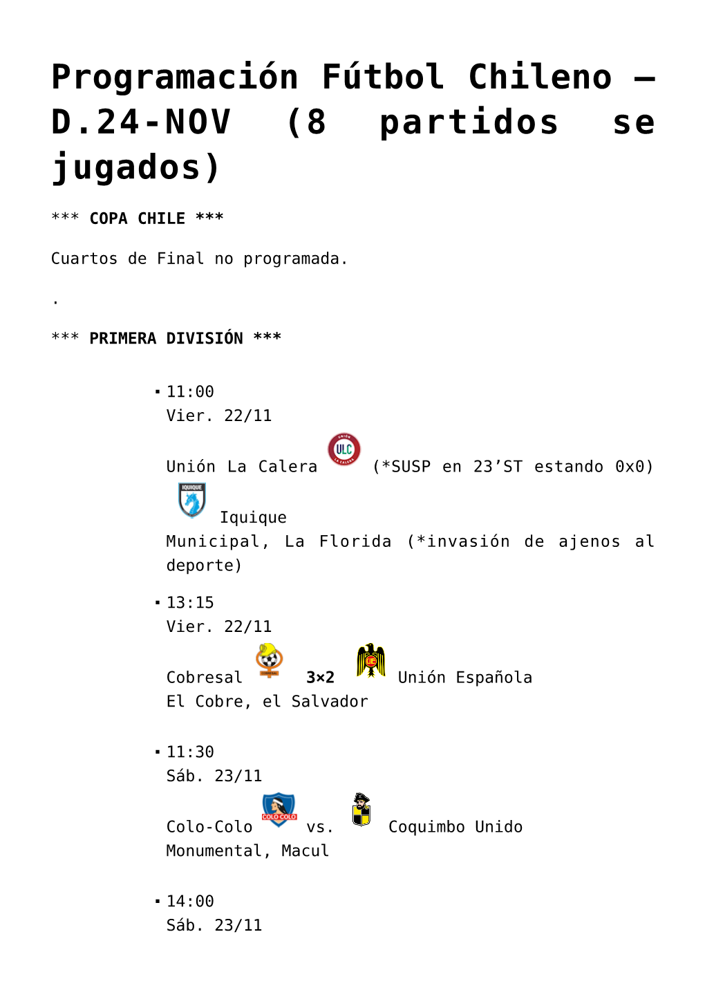 Programación Fútbol Chileno –