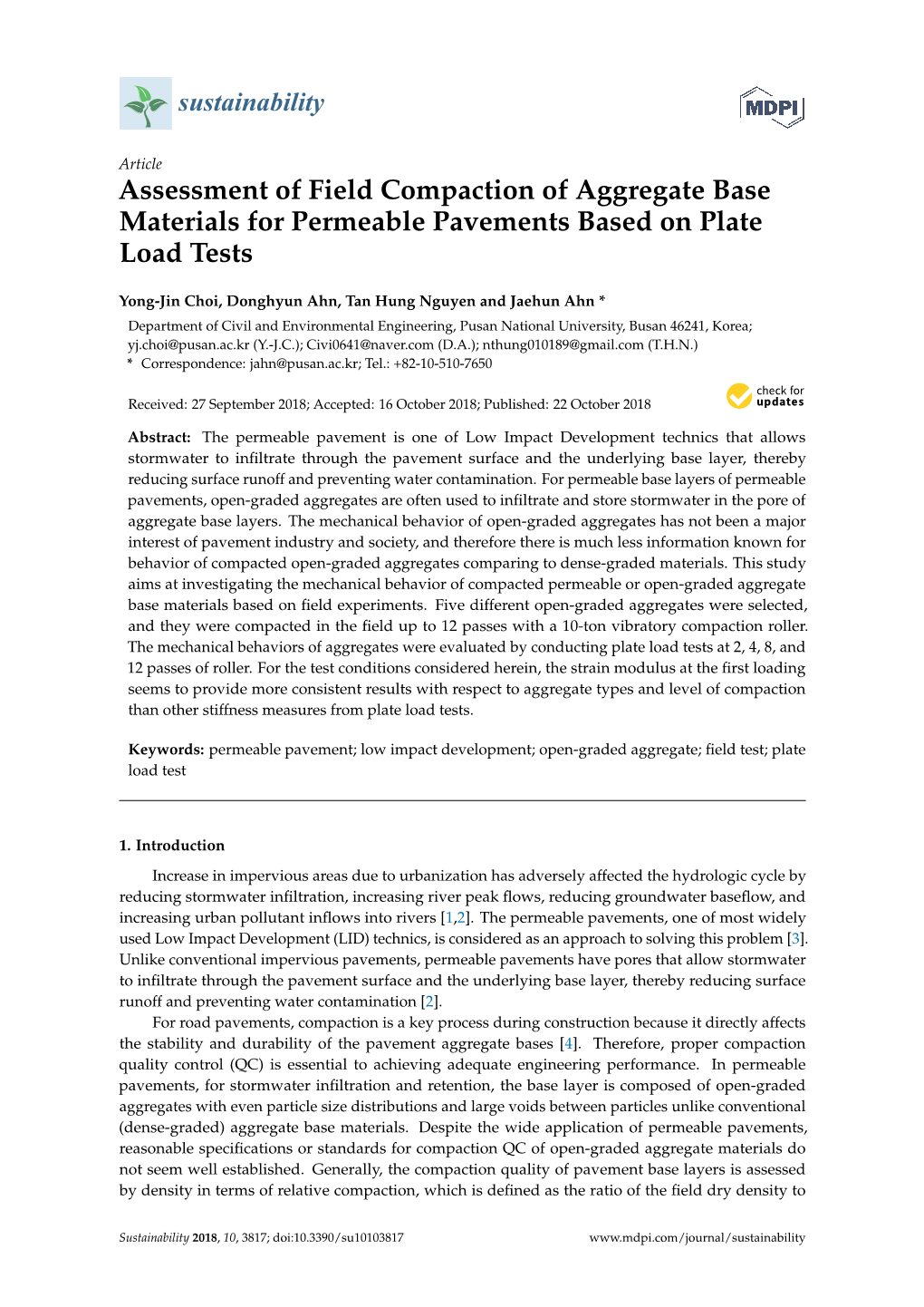 Assessment of Field Compaction of Aggregate Base Materials for Permeable Pavements Based on Plate Load Tests