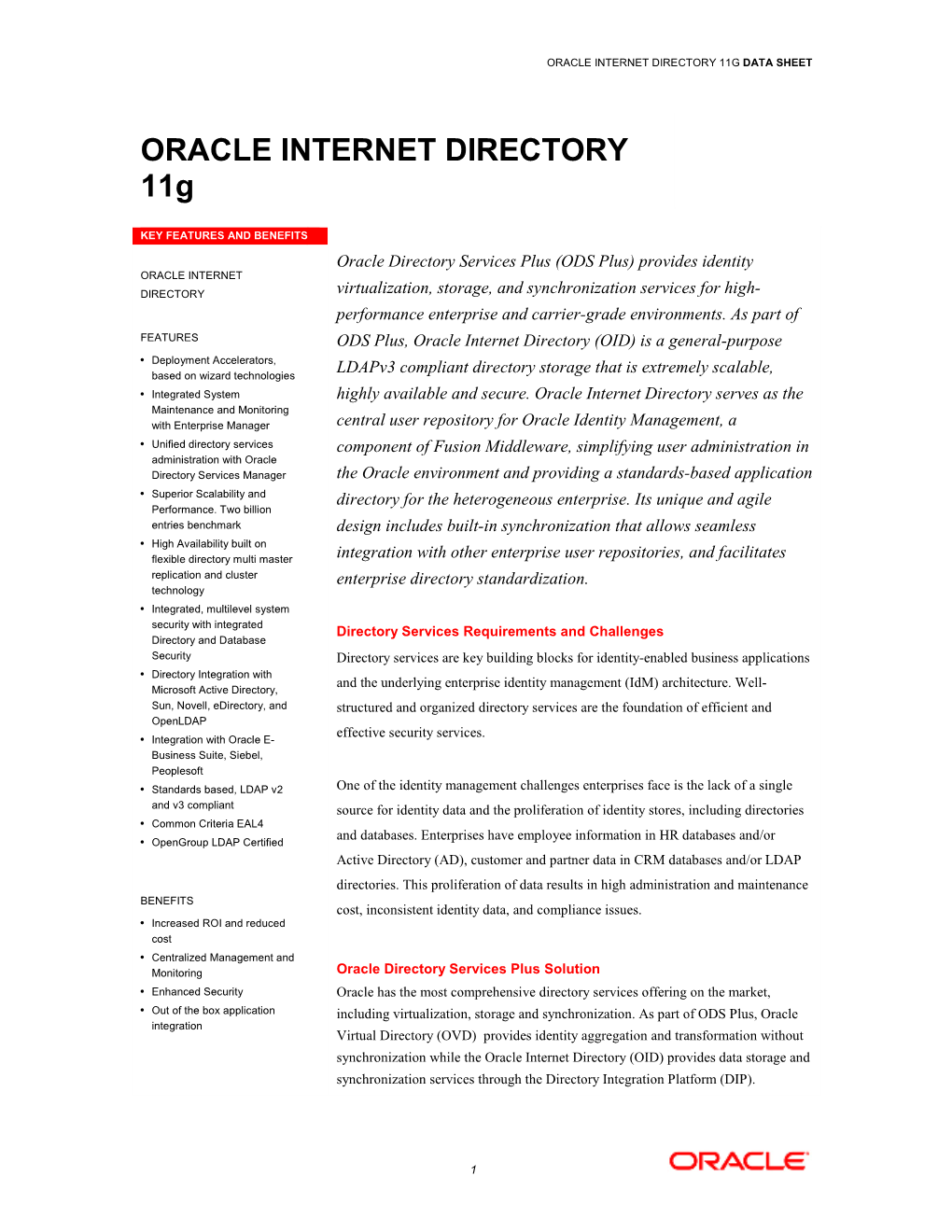 Oracle Internet Directory 11G Data Sheet