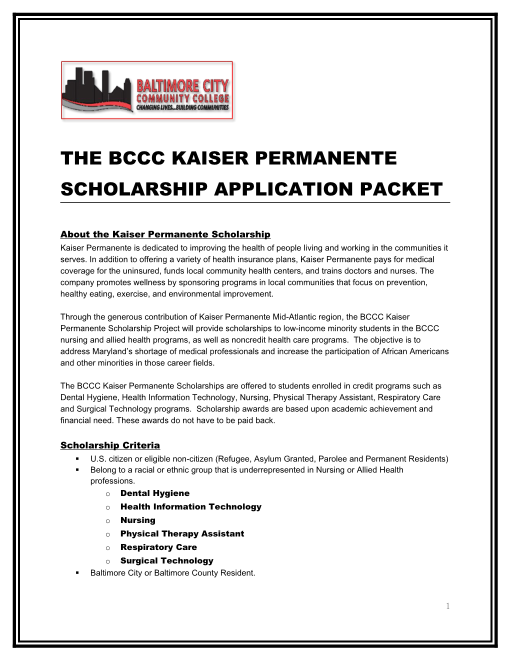 The Bccc Kaiser Permanente Scholarship Application Packet