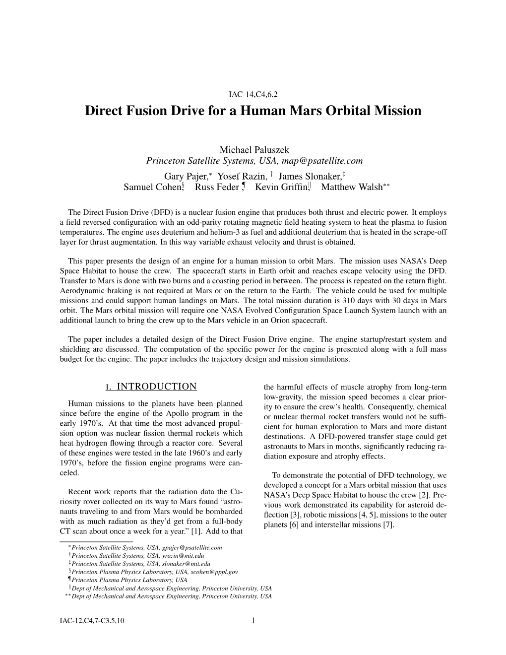 Direct Fusion Drive for a Human Mars Orbital Mission