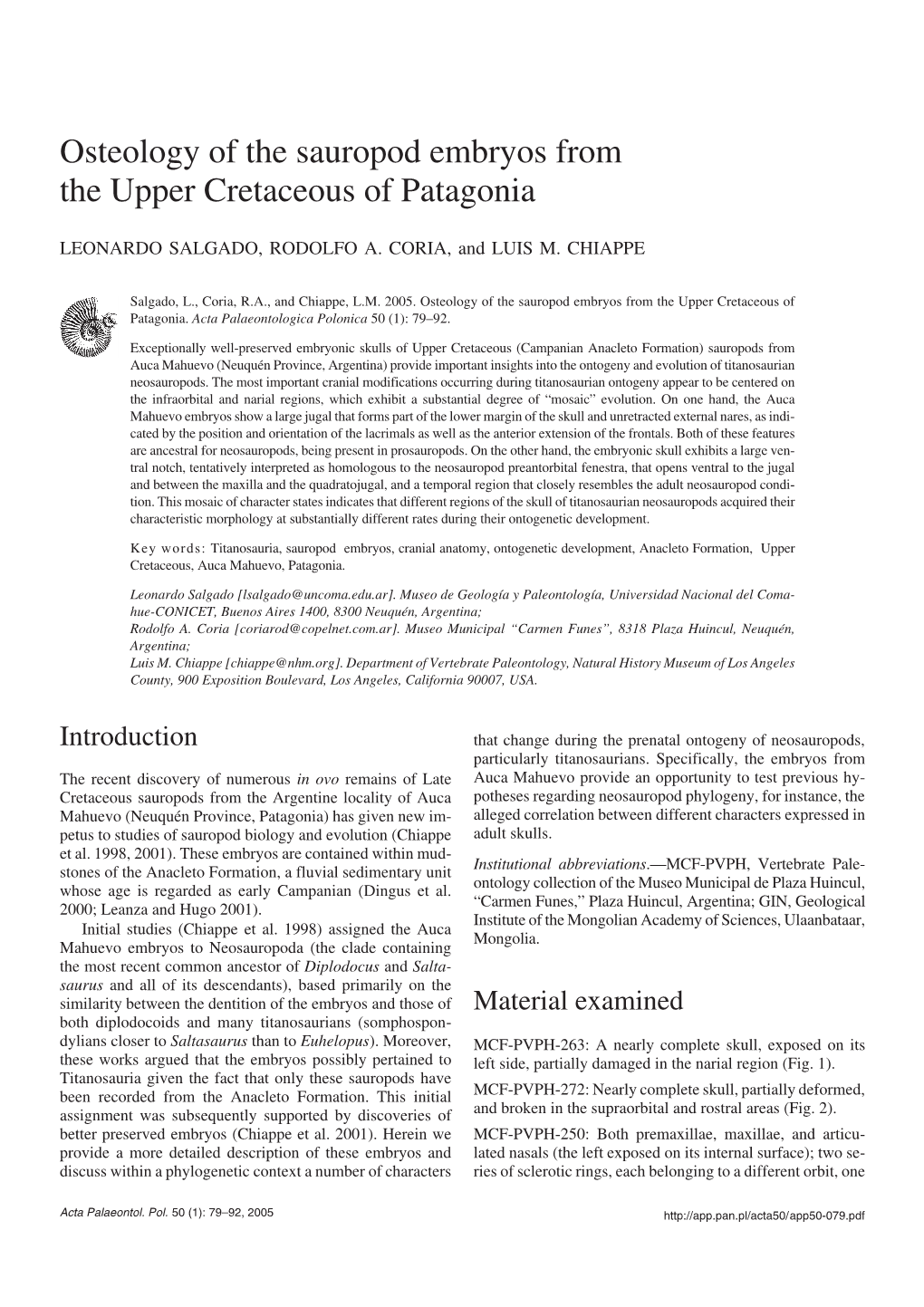 Osteology of the Sauropod Embryos from the Upper Cretaceous of Patagonia