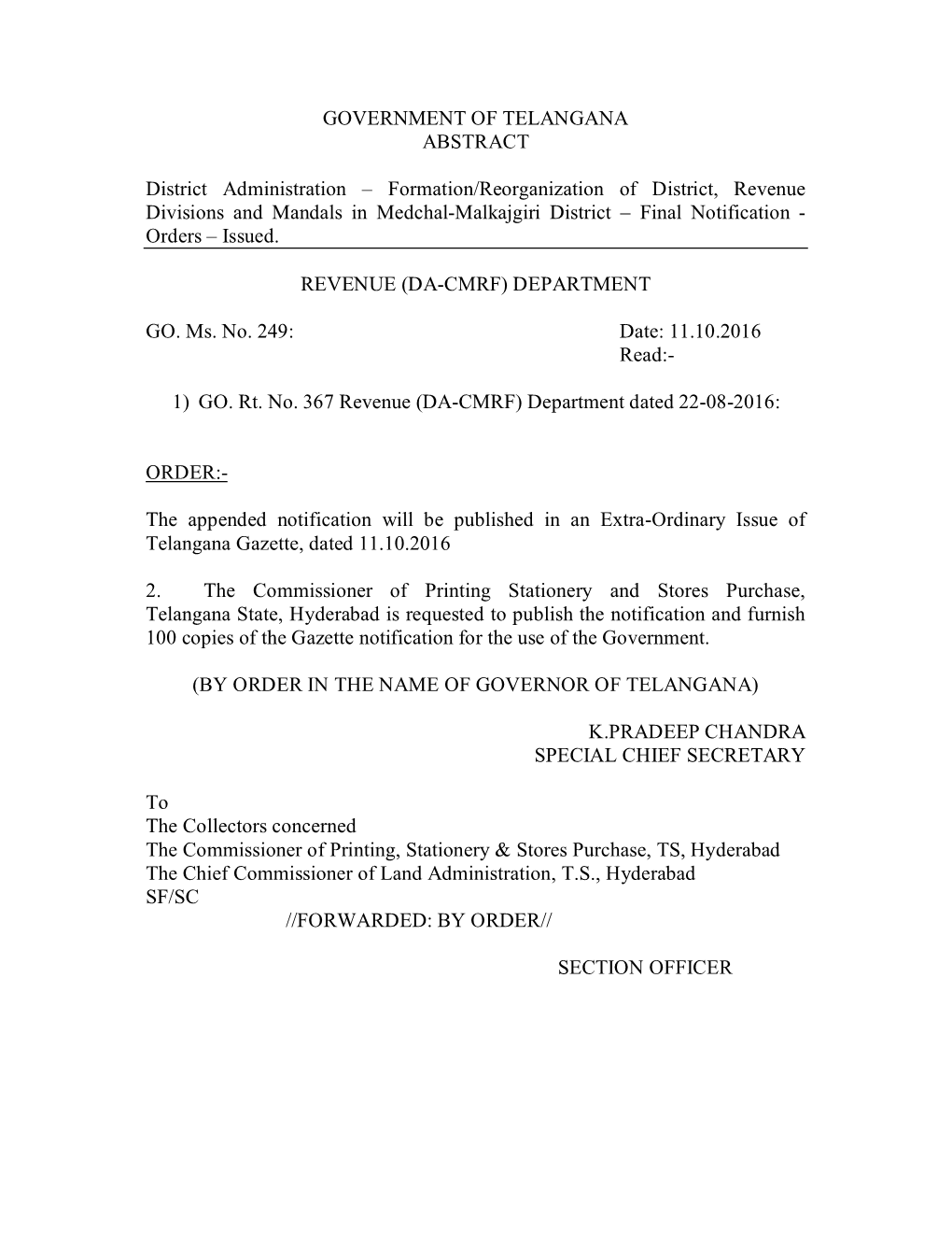 GOVERNMENT of TELANGANA ABSTRACT District Administration
