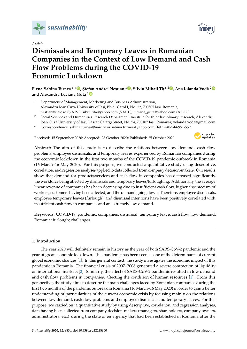 Dismissals and Temporary Leaves in Romanian Companies in the Context of Low Demand and Cash Flow Problems During the COVID-19 Economic Lockdown