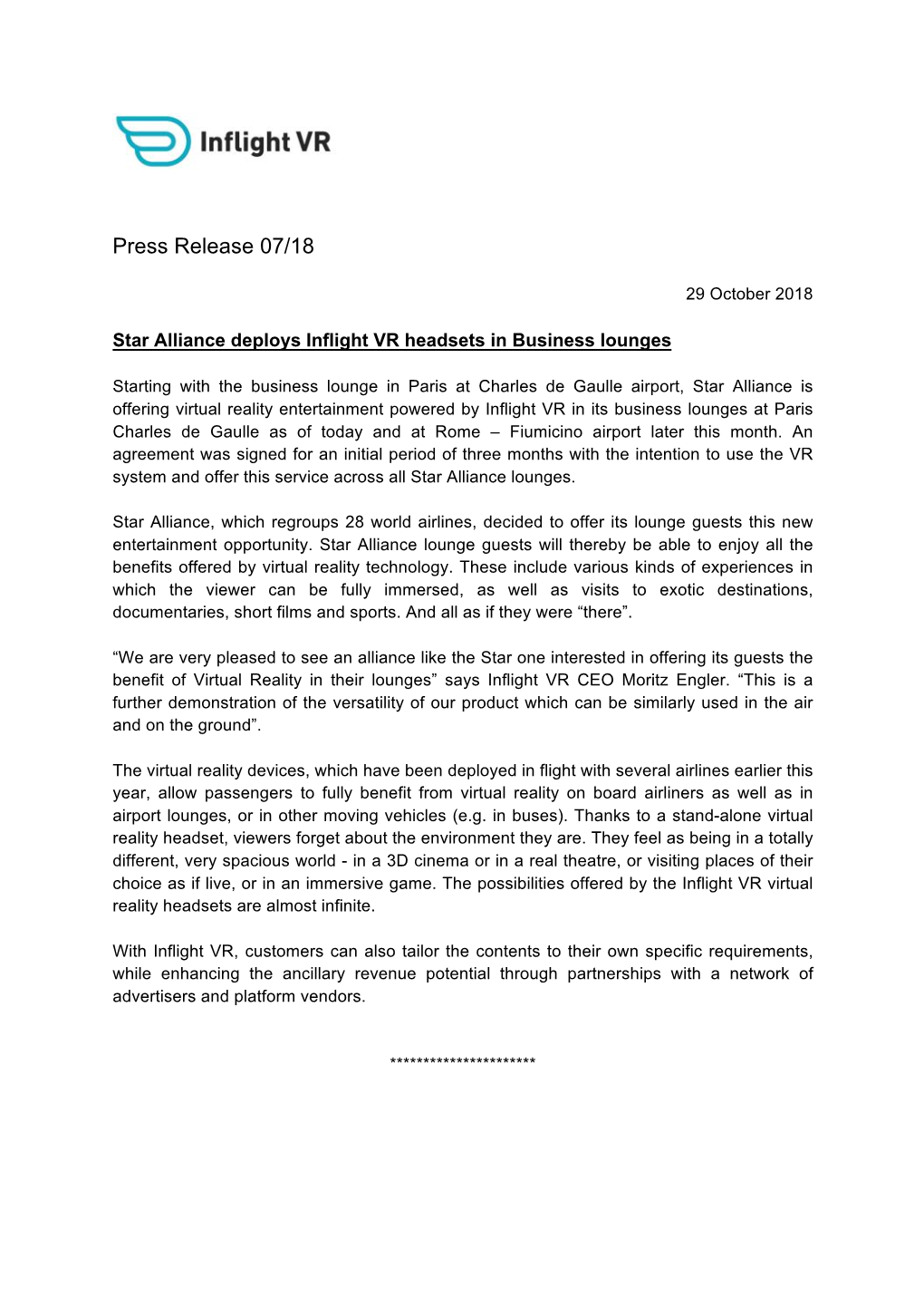 29 Oct 2018 Press Release 7/18 Star Alliance Deploys VR