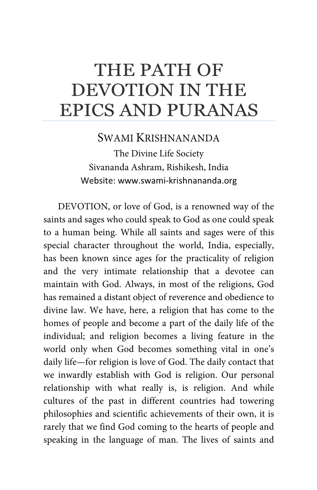 The Path of Devotion in the Epics and Puranas