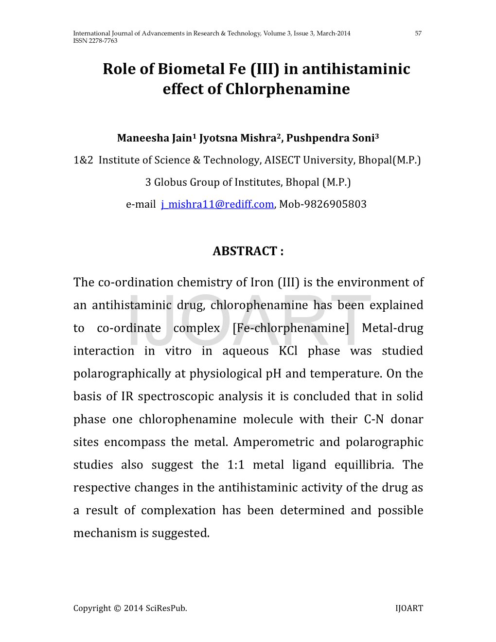 Role of Biometal Fe (III) in Antihistaminic Effect of Chlorphenamine